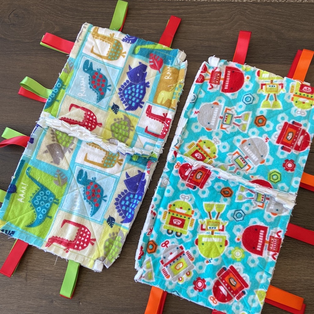 Set of 2 Handmade Lovey Taggie Baby Boy Dinosaur Robots Toy Blankets